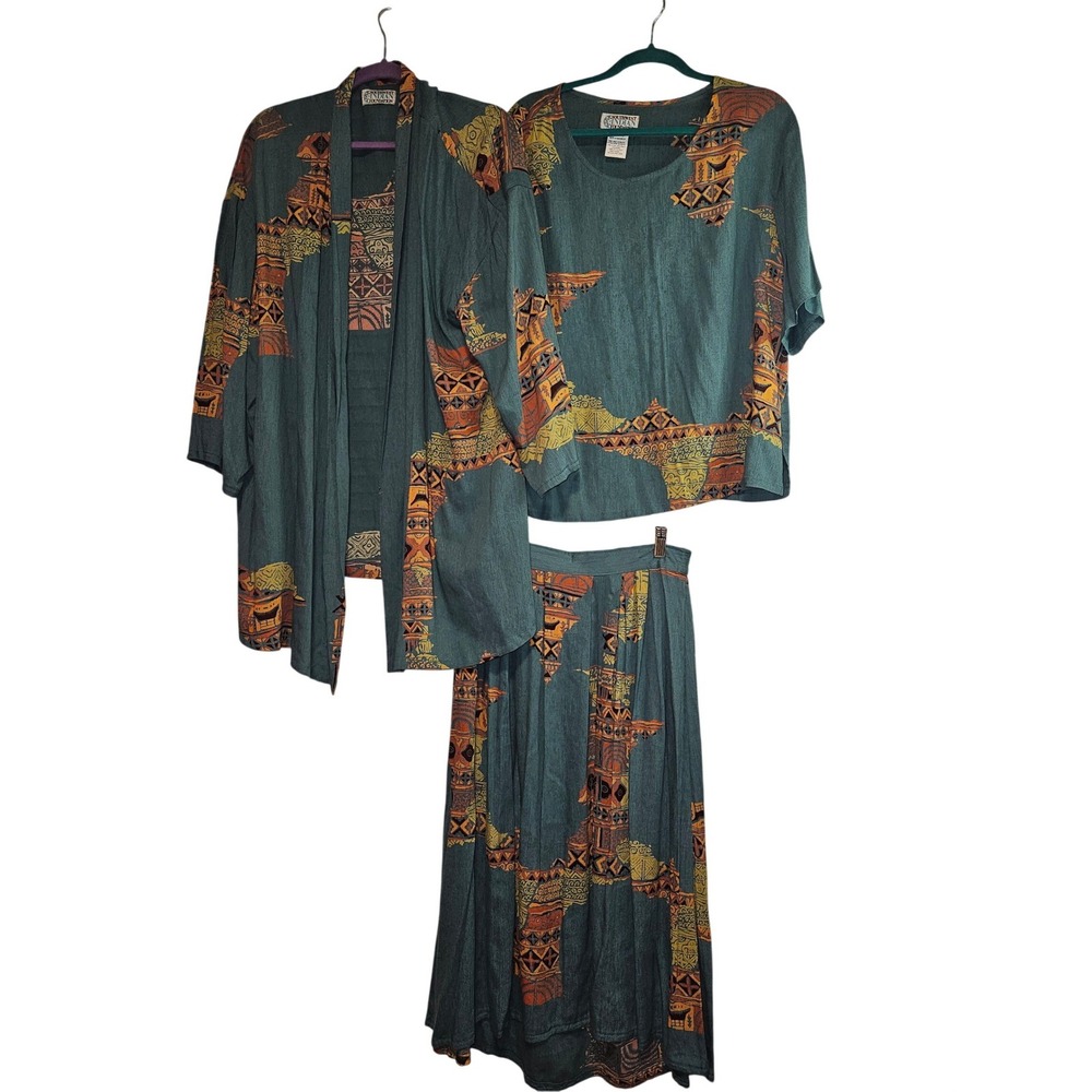 Southwest Indian Foundation Womens XL 3 Piece Set Teal Tribal Rayon Skirt Top